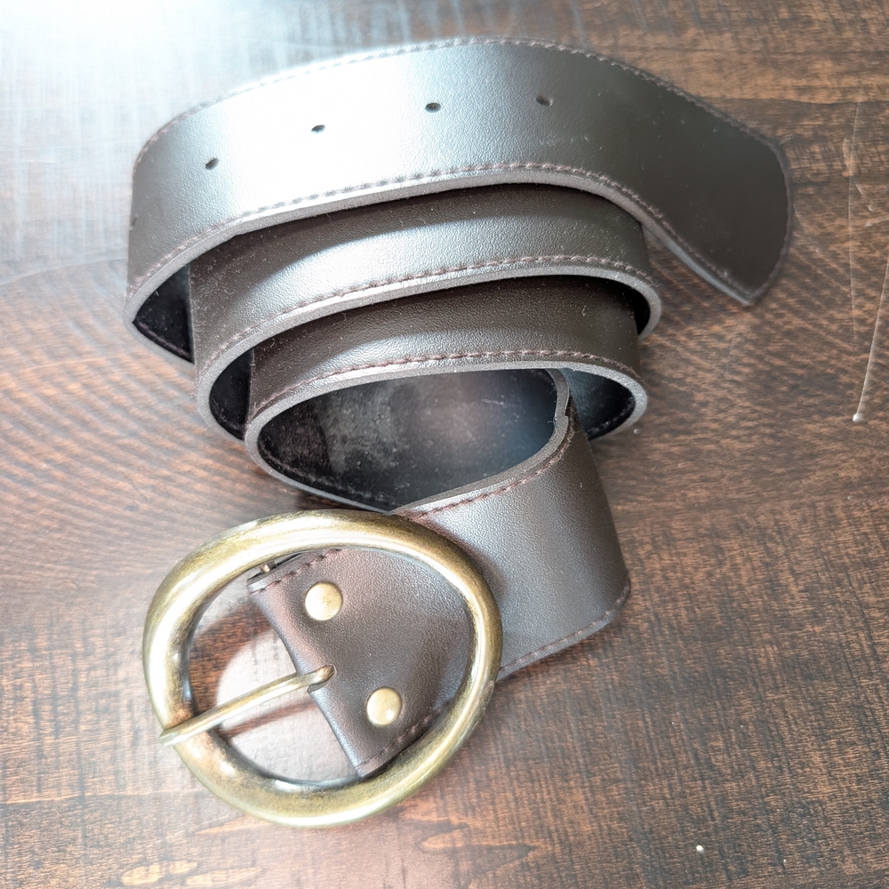 Women's Dark Brown Faux Leather Belt with Oval Brass Buckle